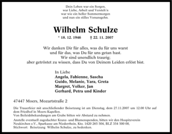 Traueranzeige von Wilhelm Schulze von Tageszeitung