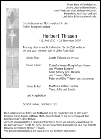 Traueranzeige von Herbert Thissen von Tageszeitung