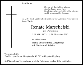 Traueranzeige von Renate Marschefski von Tageszeitung