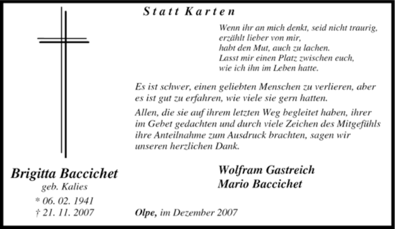  Traueranzeige für Brigitta Baccichet vom 23.11.2007 aus Tageszeitung