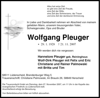 Traueranzeige von Wolfgang Pleuger von Tageszeitung