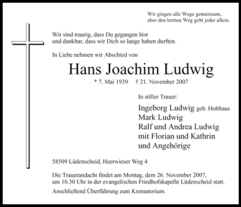 Traueranzeige von Hans Joachim Ludwig von Tageszeitung