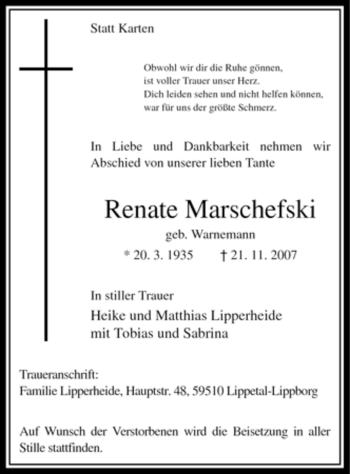 Traueranzeige von Renate Marschefski von Tageszeitung