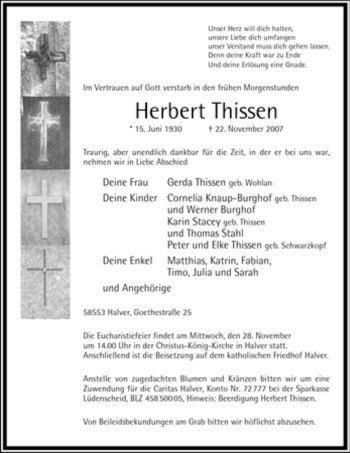 Traueranzeige von Herbert Thissen von Tageszeitung