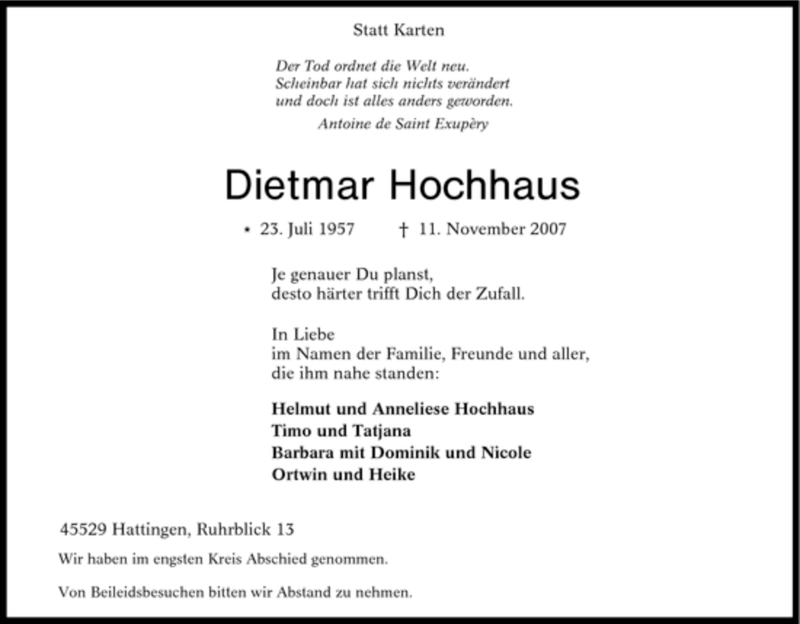  Traueranzeige für Dietmar Hochhaus vom 24.11.2007 aus Tageszeitung