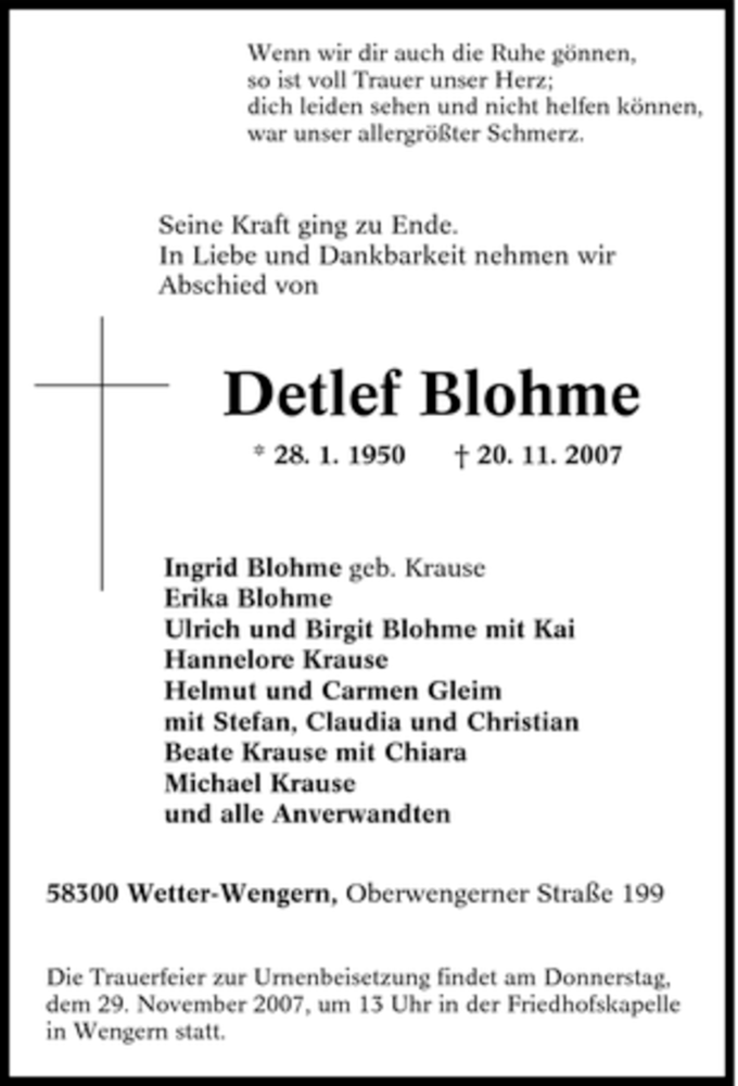  Traueranzeige für Detlef Blohme vom 24.11.2007 aus Tageszeitung