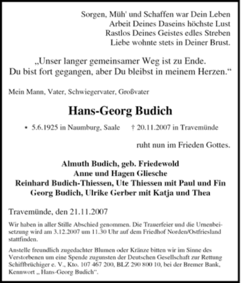 Traueranzeige von Hans-Georg Budich von Tageszeitung