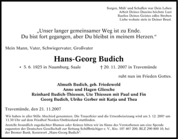Traueranzeige von Hans-Georg Budich von Tageszeitung