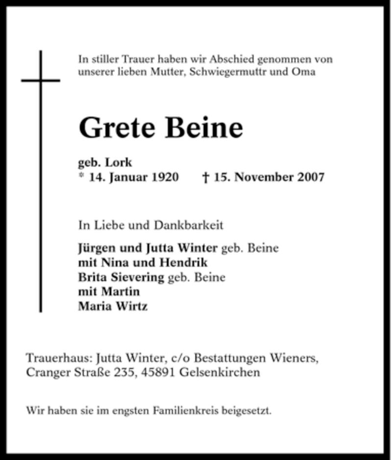  Traueranzeige für Grete Beine vom 24.11.2007 aus Tageszeitung