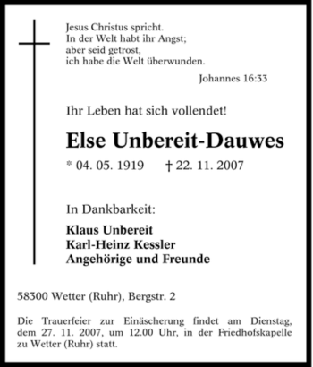 Traueranzeige von Else Unbereit-Dauwes von Tageszeitung