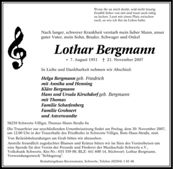 Traueranzeige von Lothar Bergmann von Tageszeitung