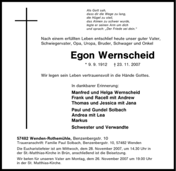 Traueranzeige von Egon Wernscheid von Tageszeitung