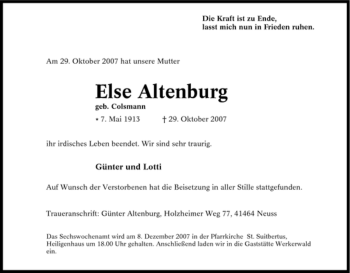 Traueranzeige von Else Altenburg von Tageszeitung