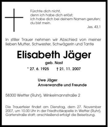 Traueranzeige von Elisabeth Jäger von Tageszeitung