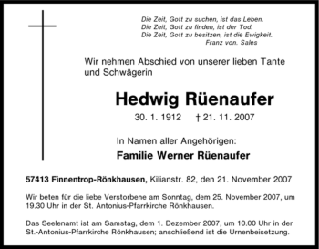 Traueranzeige von Hedwig Rüenaufer von Tageszeitung
