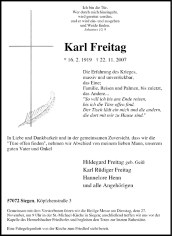 Traueranzeige von Karl Freitag von Tageszeitung
