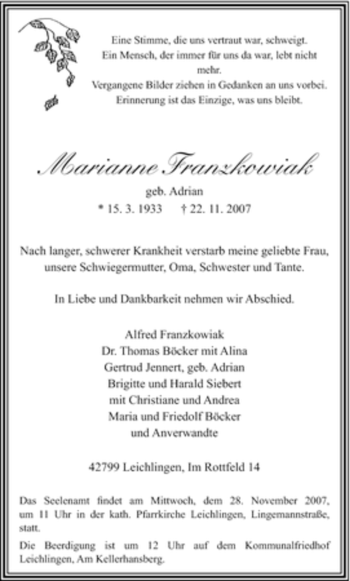 Traueranzeige von Marianne Franzkowiak von Tageszeitung