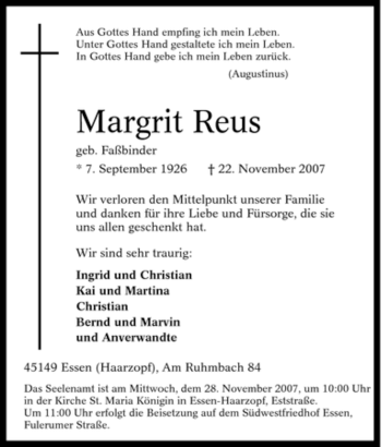Traueranzeige von Margrit Reus von Tageszeitung