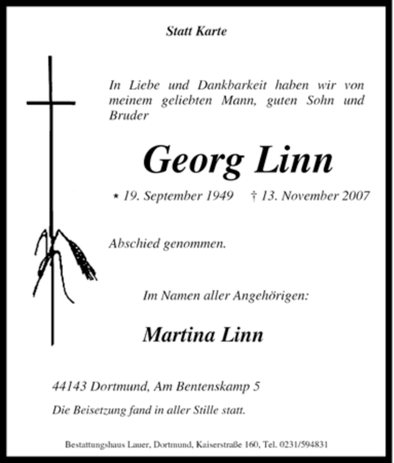  Traueranzeige für Georg Linn vom 24.11.2007 aus Tageszeitung