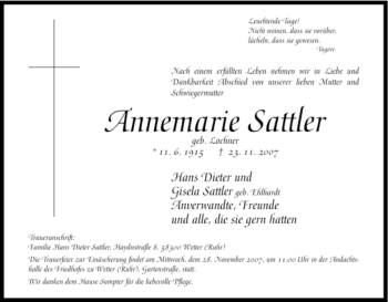 Traueranzeige von Annemarie Sattler von Tageszeitung