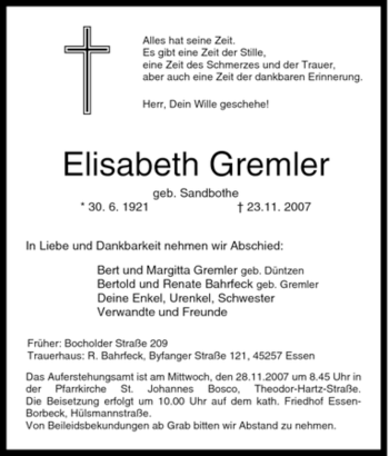 Traueranzeige von Elisabeth Gremler von Tageszeitung