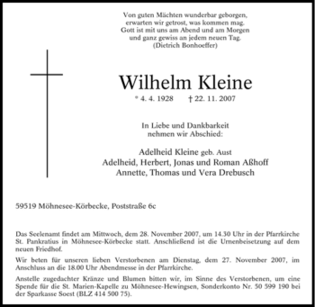Traueranzeige von Wilhelm Kleine von Tageszeitung