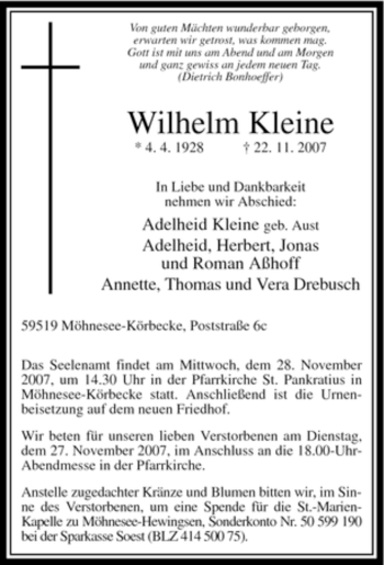 Traueranzeige von Wilhelm Kleine von Tageszeitung