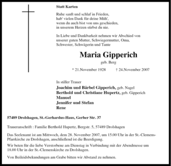 Traueranzeige von Maria Gipperich von Tageszeitung
