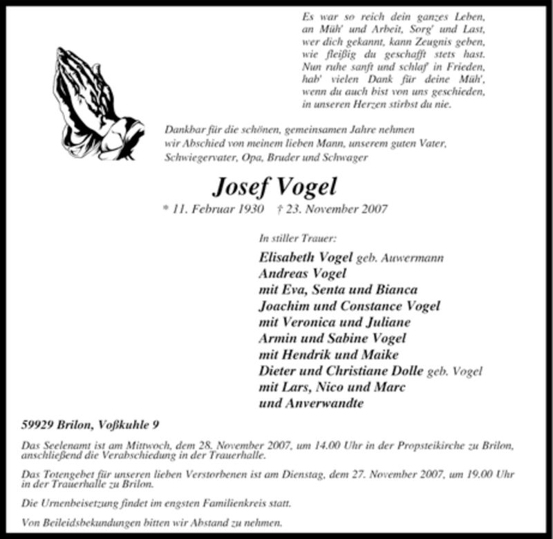  Traueranzeige für Josef Vogel vom 26.11.2007 aus Tageszeitung