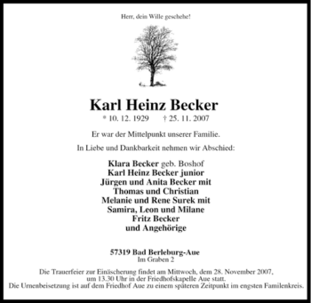 Traueranzeige von Karl Heinz Becker von Tageszeitung