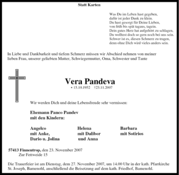 Traueranzeige von Vera Pandeva von Tageszeitung