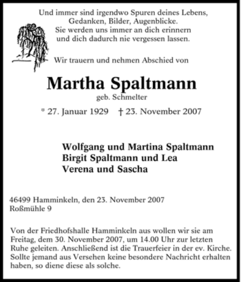 Traueranzeige von Martha Spaltmann von Tageszeitung