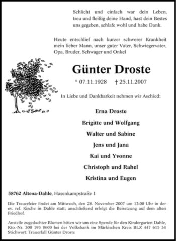 Traueranzeige von Günter Droste von Tageszeitung
