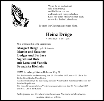 Traueranzeige von Heinz Dröge von Tageszeitung