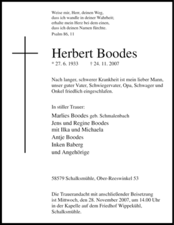 Traueranzeige von Herbert Boodes von Tageszeitung