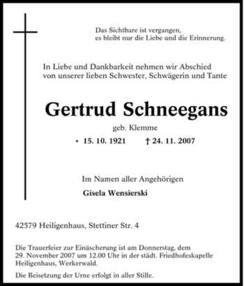 Traueranzeige von Gertrud Schneegans von Tageszeitung