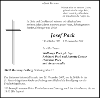 Traueranzeige von Josef Pack von Tageszeitung