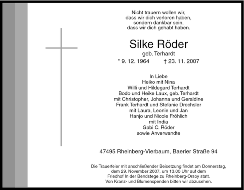  Traueranzeige für Silke Röder vom 27.11.2007 aus WESTDEUTSCHE ALLGEMEINE ZEITUNG