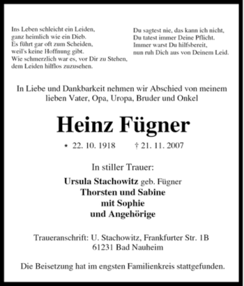 Traueranzeige von Heinz Fügner von Tageszeitung