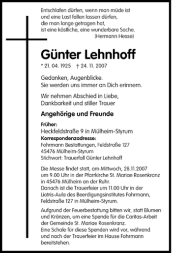 Traueranzeige von Günter Lehnhoff von Tageszeitung