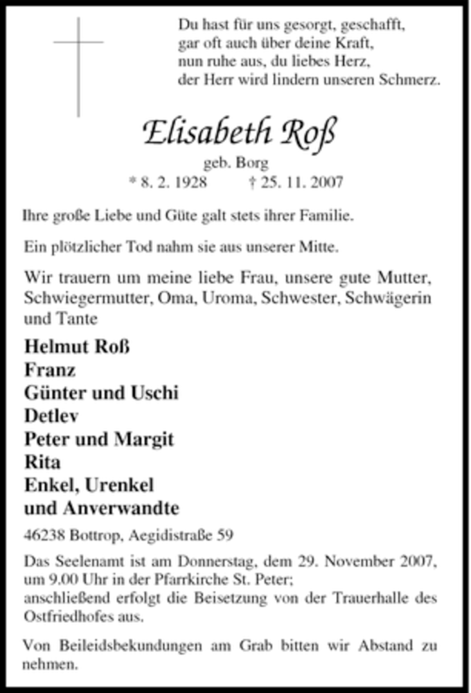 Traueranzeigen von Elisabeth Roß | Trauer-in-NRW.de