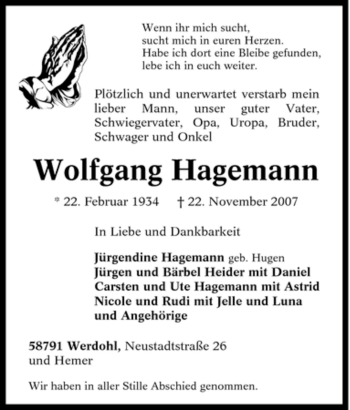 Traueranzeige von Wolfgang Hagemann von Tageszeitung