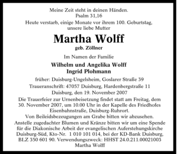 Traueranzeige von Martha Wolff von Tageszeitung
