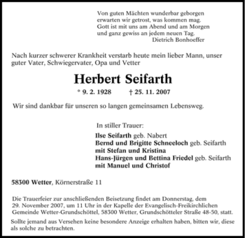 Traueranzeige von Herbert Seifarth von Tageszeitung