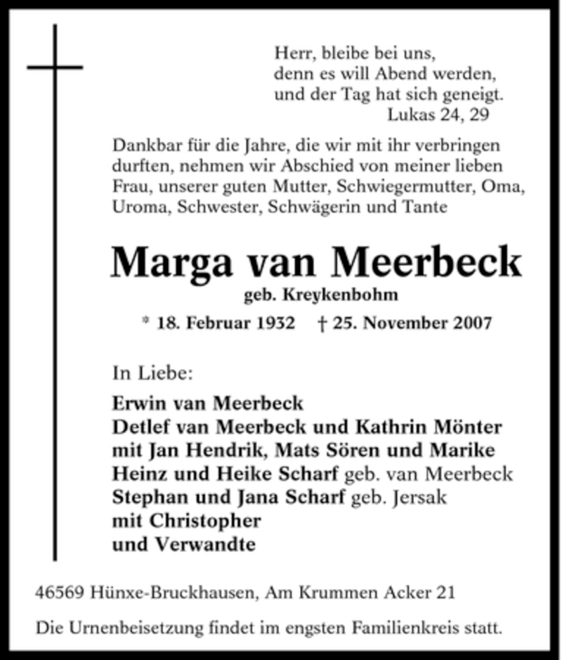  Traueranzeige für Marga van Meerbeck vom 27.11.2007 aus Tageszeitung