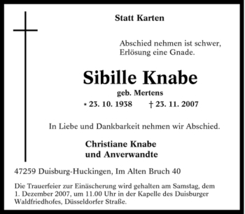 Traueranzeige von Sibille Knabe von Tageszeitung