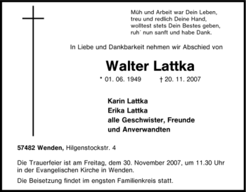 Traueranzeige von Walter Lattka von Tageszeitung