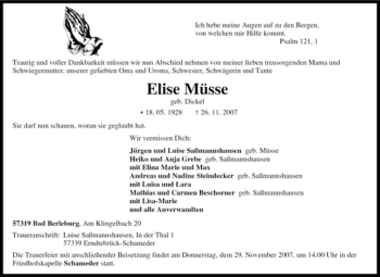 Traueranzeige von Elise Müsse von Tageszeitung