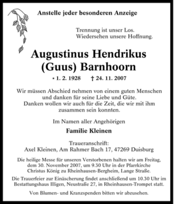 Traueranzeige von Augustinus Hendrikus Barnhoorn von Tageszeitung
