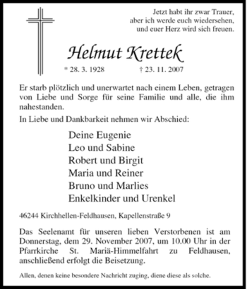 Traueranzeige von Helmut Krettek von Tageszeitung